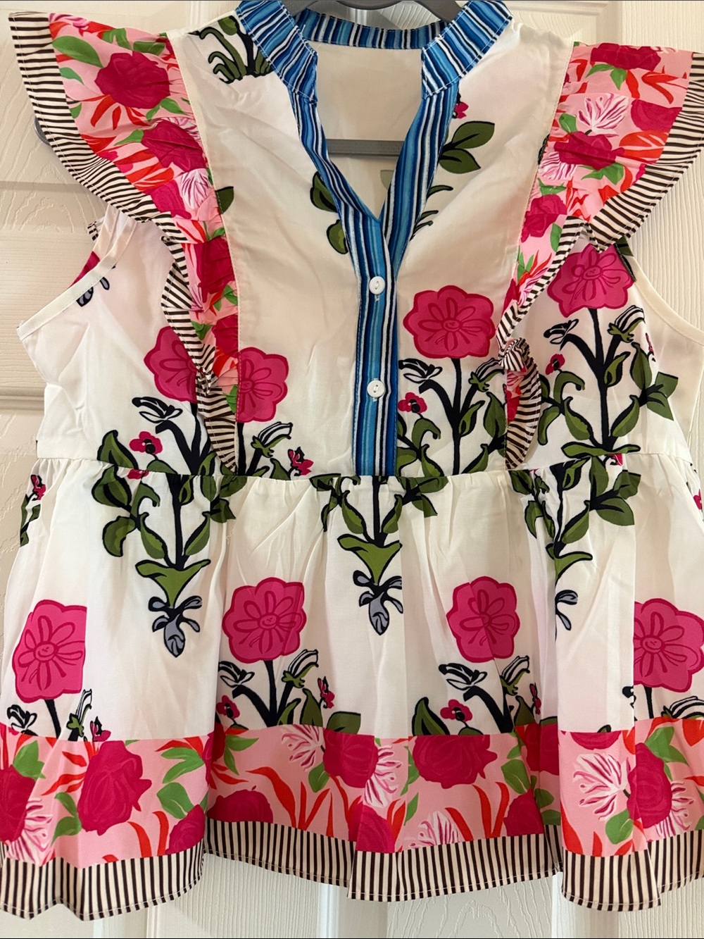 Women’s Floral Ruffle Top - White with Pink Flowers - Picture 3 of 10